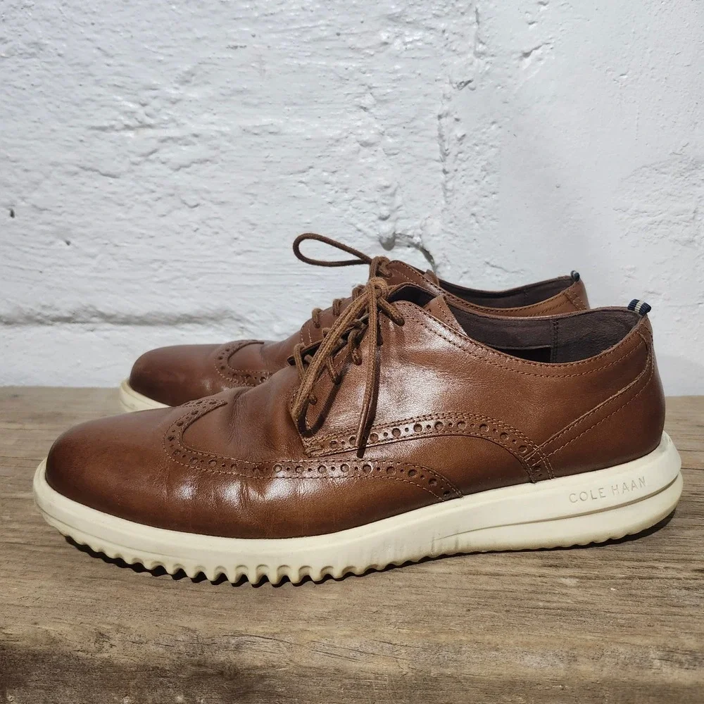Cole Haan Mens Grand Plus Brown Leather Wingtip Oxford Shoes Brogue Size 11.5